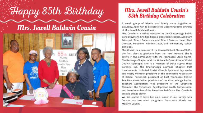 Happy  85th Birthday – Mrs. Jewell Baldwin Cousin 