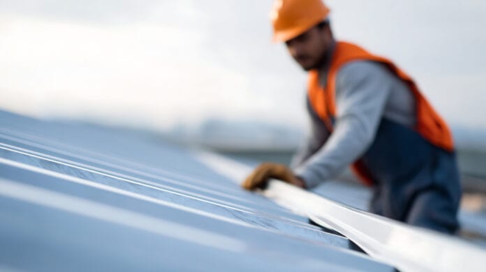 Skilled worker adjust solar panel on sunny rooftop, focus on clean energy installation, modern construction, sustainable power solutions